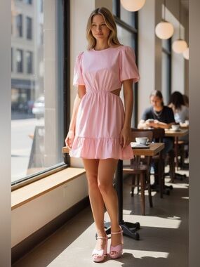 Wayf Pink Puff Sleeve Dress. New!